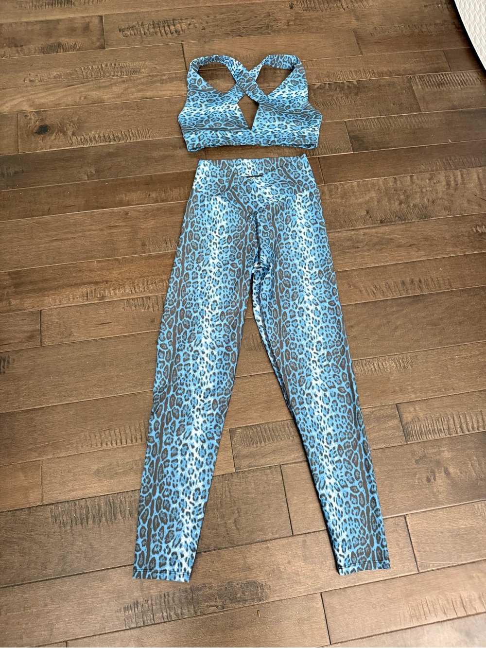 Women's Blue Leopard Print High-Waist Leggings Crop Top Sports Bra Matching Set